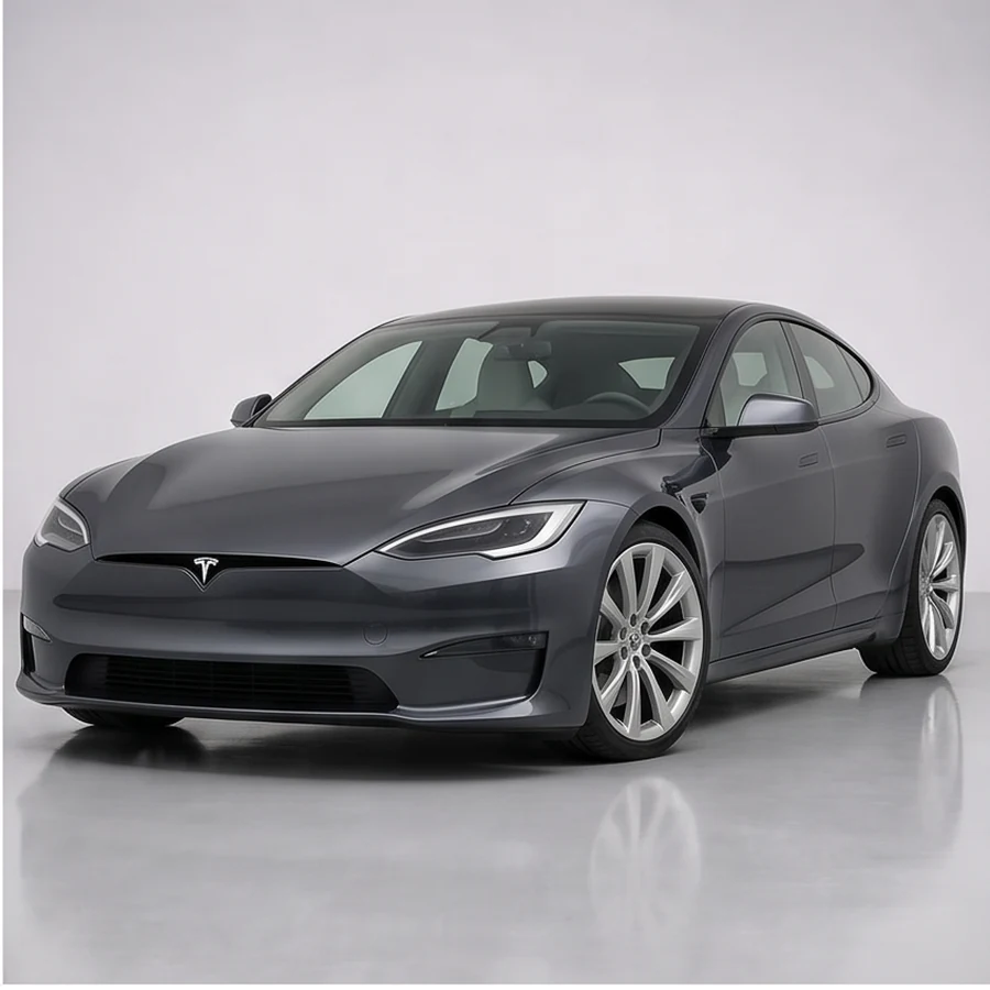 Tesla Model S exterior in Stealth Grey, Front three-quarter