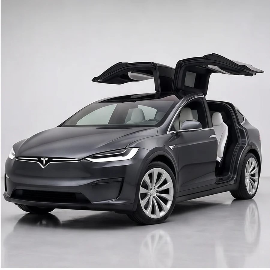 Tesla Model X exterior in Stealth Grey, Front three-quarter