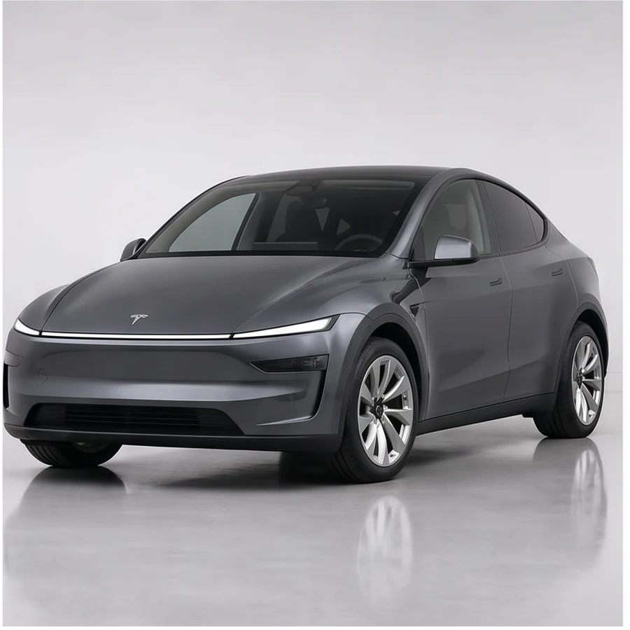 Tesla Model Y exterior in Stealth Grey, Front three-quarter